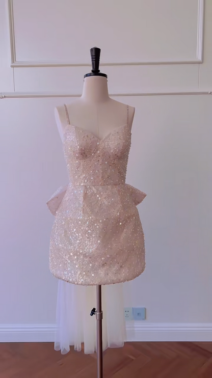 Glittering Spaghetti Straps Light Pink Homecoming Dress Bow Train Sequins Sheath Birthday Dress GG5994