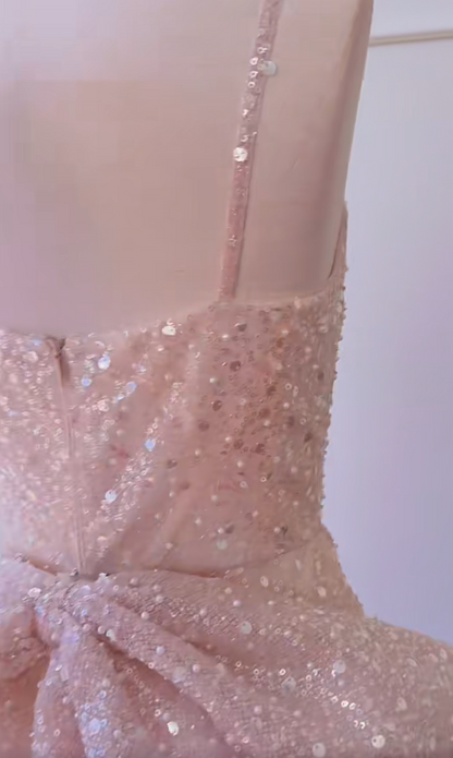 Glittering Spaghetti Straps Light Pink Homecoming Dress Bow Train Sequins Sheath Birthday Dress GG5994
