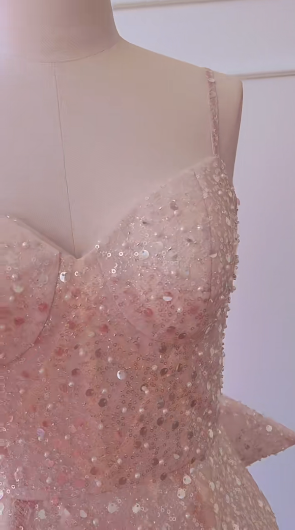 Glittering Spaghetti Straps Light Pink Homecoming Dress Bow Train Sequins Sheath Birthday Dress GG5994