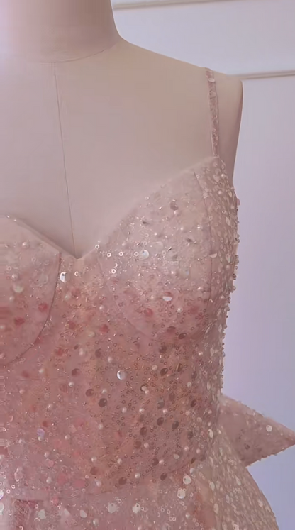 Glittering Spaghetti Straps Light Pink Homecoming Dress Bow Train Sequins Sheath Birthday Dress GG5994