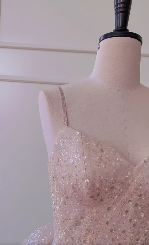 Glittering Spaghetti Straps Light Pink Homecoming Dress Bow Train Sequins Sheath Birthday Dress GG5994