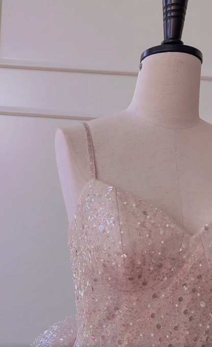 Glittering Spaghetti Straps Light Pink Homecoming Dress Bow Train Sequins Sheath Birthday Dress GG5994
