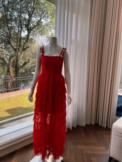 Alluring Beaded Spaghetti Straps Red Prom Dress Red A-Line Evening Dress GG6002
