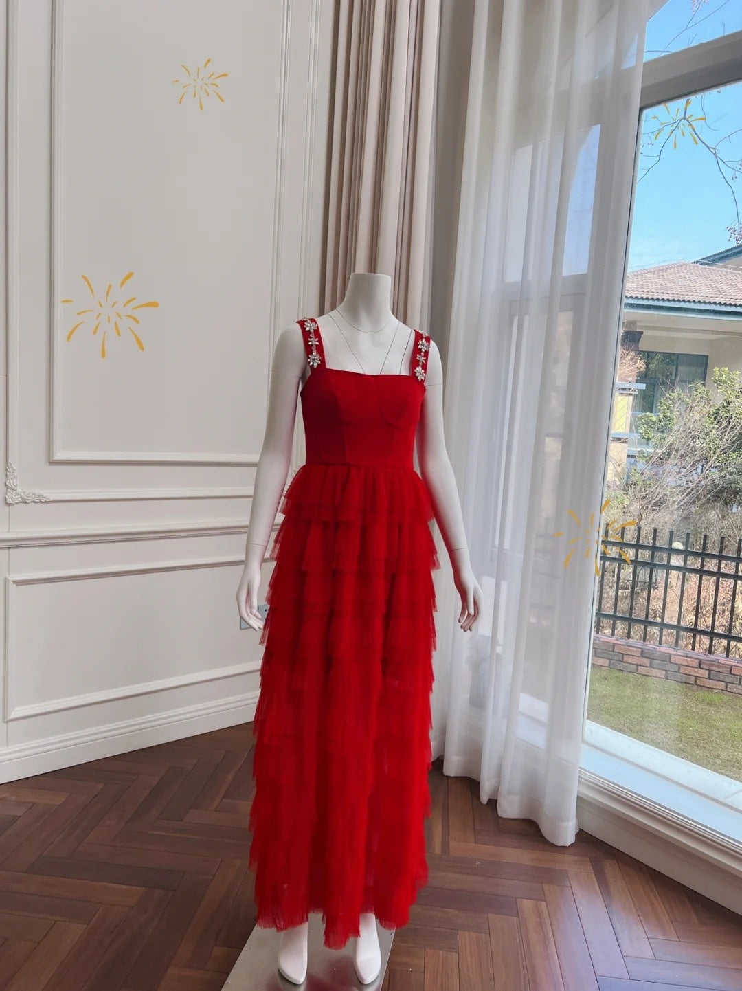 Alluring Beaded Spaghetti Straps Red Prom Dress Red A-Line Evening Dress GG6002