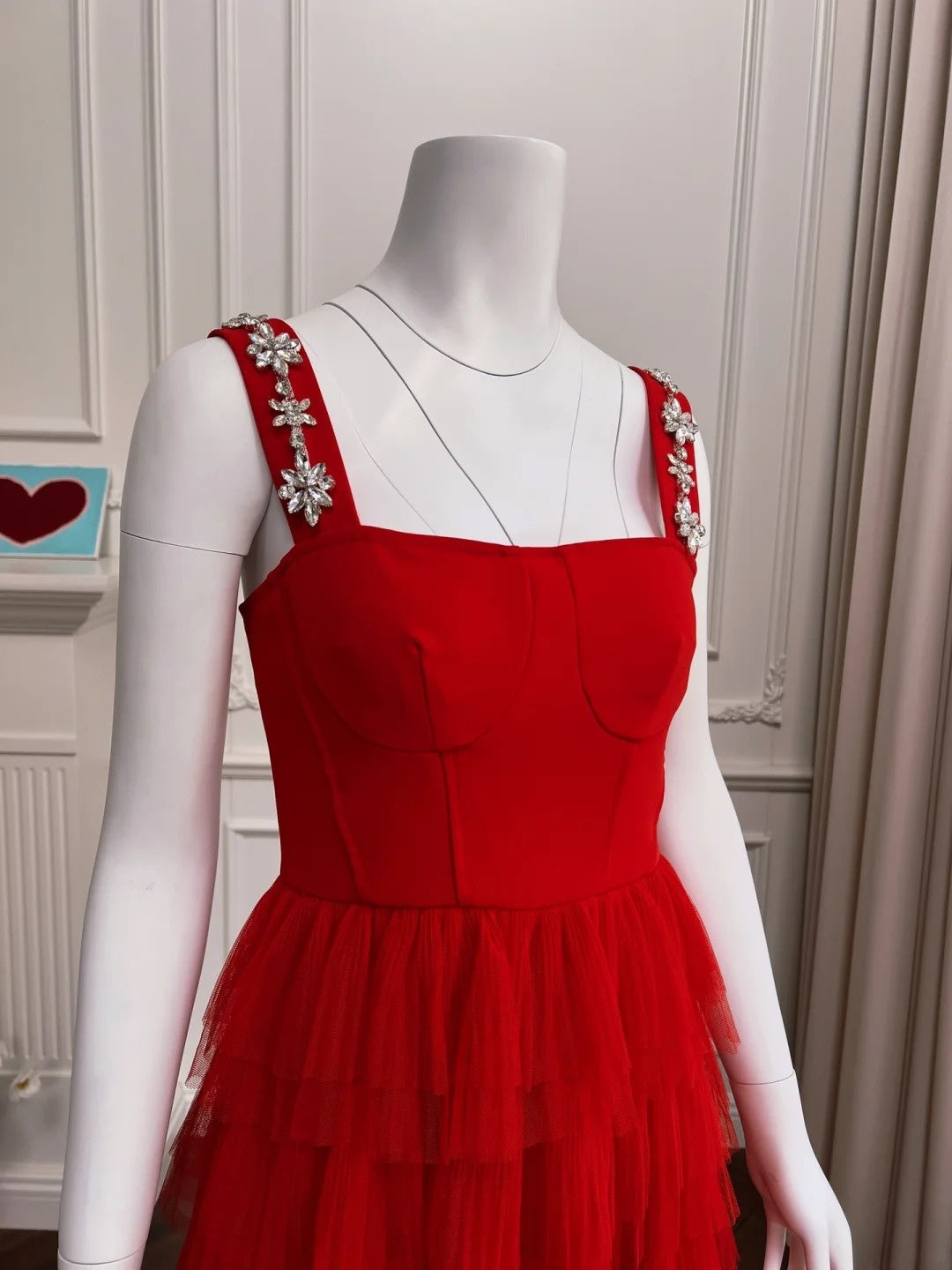 Alluring Beaded Spaghetti Straps Red Prom Dress Red A-Line Evening Dress GG6002