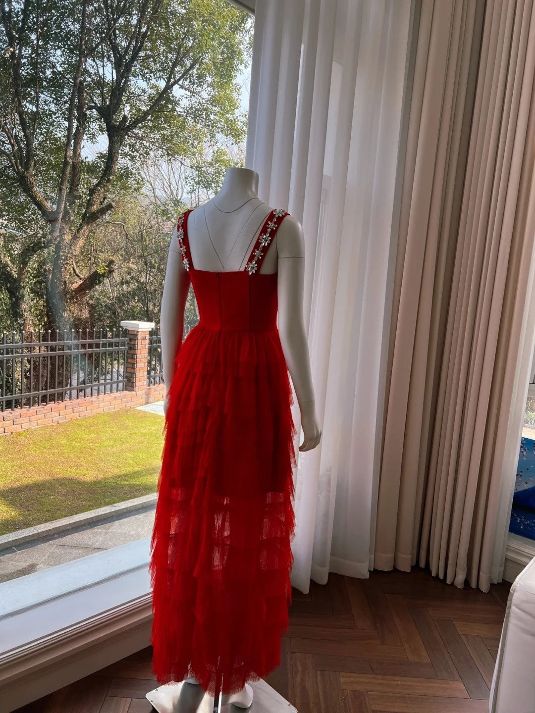 Alluring Beaded Spaghetti Straps Red Prom Dress Red A-Line Evening Dress GG6002