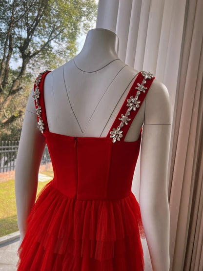 Alluring Beaded Spaghetti Straps Red Prom Dress Red A-Line Evening Dress GG6002
