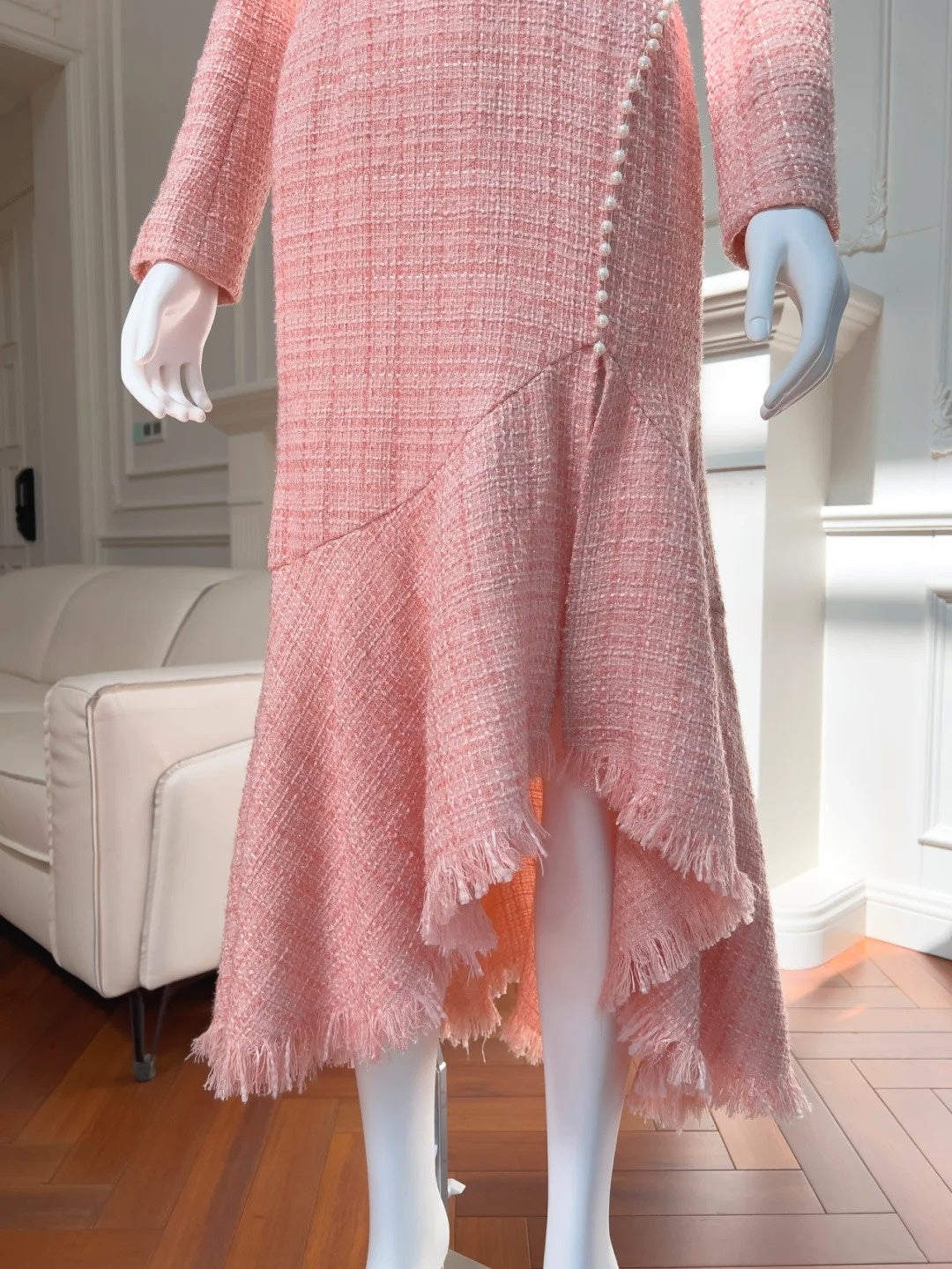Lovely Cutout Pink Prom Dress Long Sleeve Beading Sheath Evening Dress GG6004