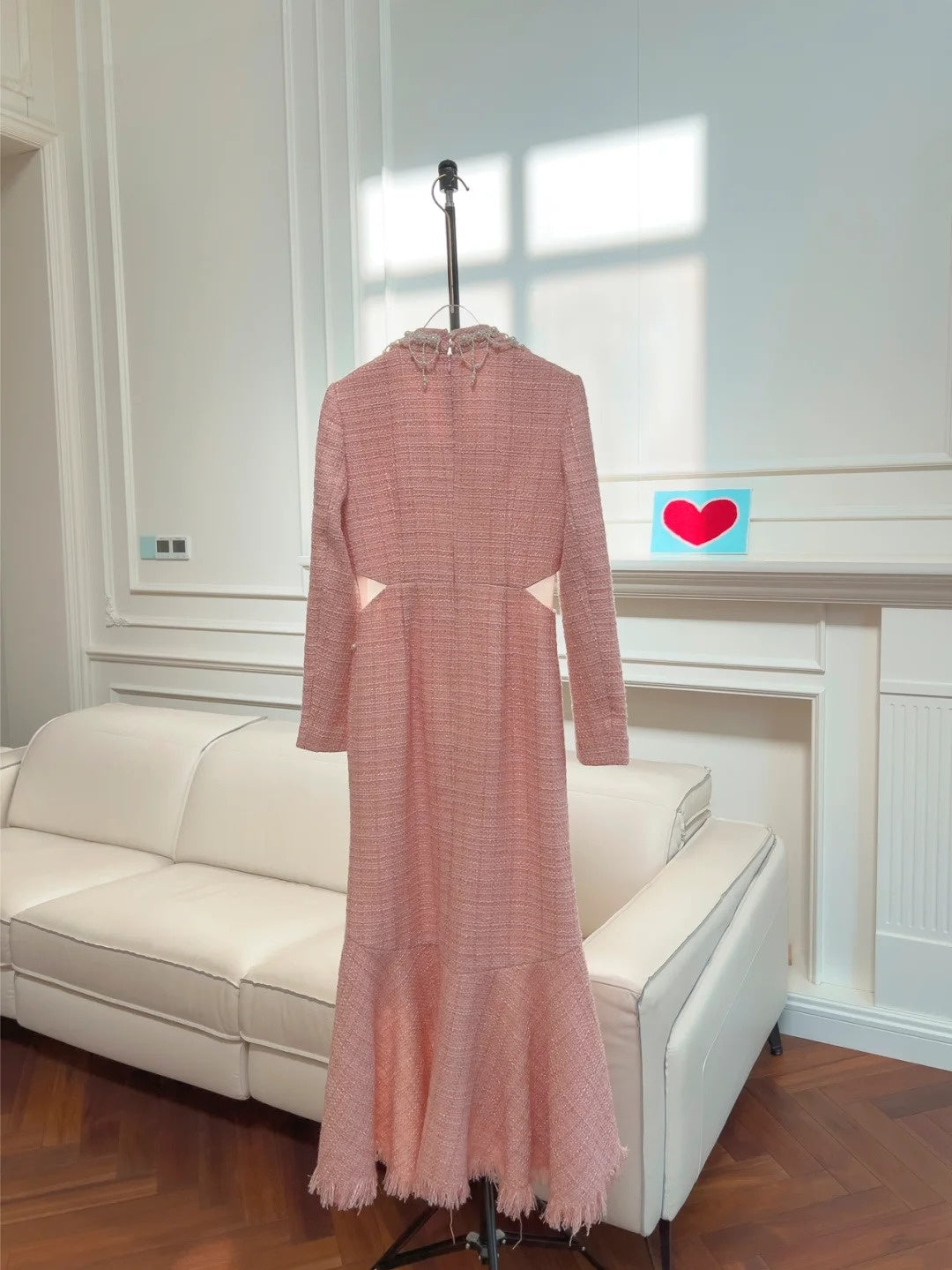 Lovely Cutout Pink Prom Dress Long Sleeve Beading Sheath Evening Dress GG6004