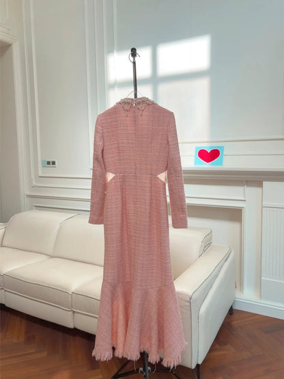 Lovely Cutout Pink Prom Dress Long Sleeve Beading Sheath Evening Dress GG6004