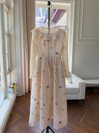 Vintage Floral Beige Prom Dress Lace Long Sleeve A-Line Evening Dress GG6008