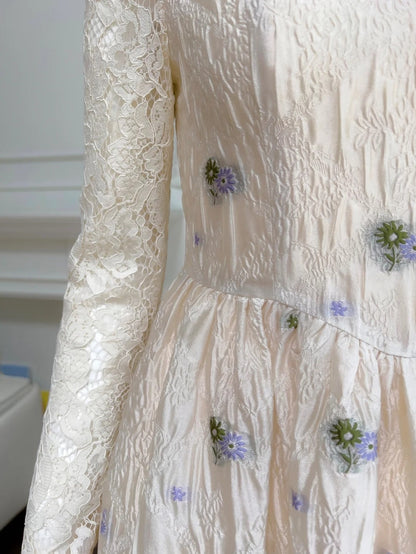 Vintage Floral Beige Prom Dress Lace Long Sleeve A-Line Evening Dress GG6008
