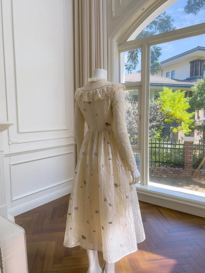 Vintage Floral Beige Prom Dress Lace Long Sleeve A-Line Evening Dress GG6008