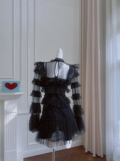 Unique Long Sleeve Black Homecoming Dress Dots Tulle A-Line Birthday Dress GG6012