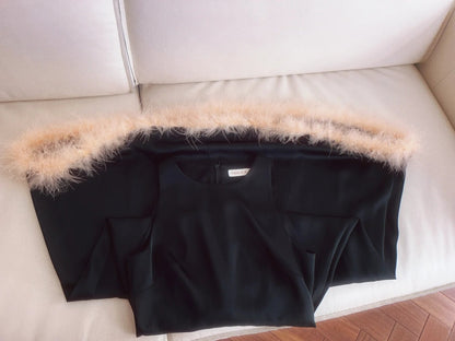 Lovely Jewel Neck Black Prom Dress Fur Trim A-Line Evening Dress GG6014