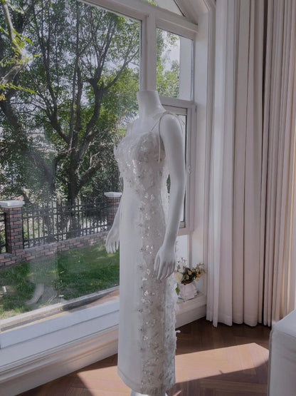 Glittering Spaghetti Straps White Prom Dress Seqiuns Appliques Sheath Evening Dress GG6015