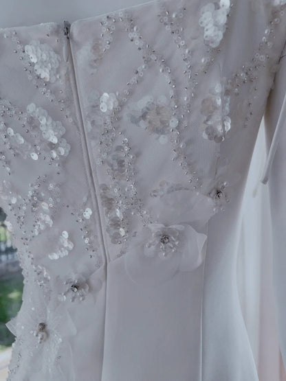 Glittering Spaghetti Straps White Prom Dress Seqiuns Appliques Sheath Evening Dress GG6015