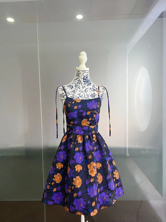 Charming Spaghetti Straps Purple Homecoming Dress Floral A-Line Birthday Dress GG6016
