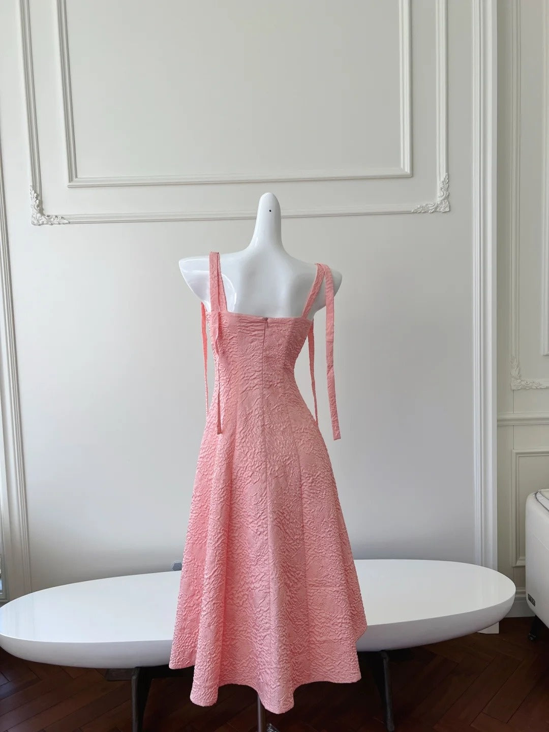 Sweet Spaghetti Straps Pink Prom Dress Beaded Textured A-Line Evening Dress GG6018