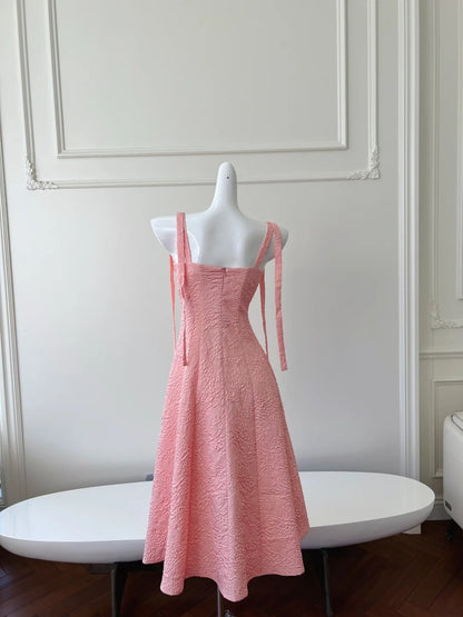Sweet Spaghetti Straps Pink Prom Dress Beaded Textured A-Line Evening Dress GG6018