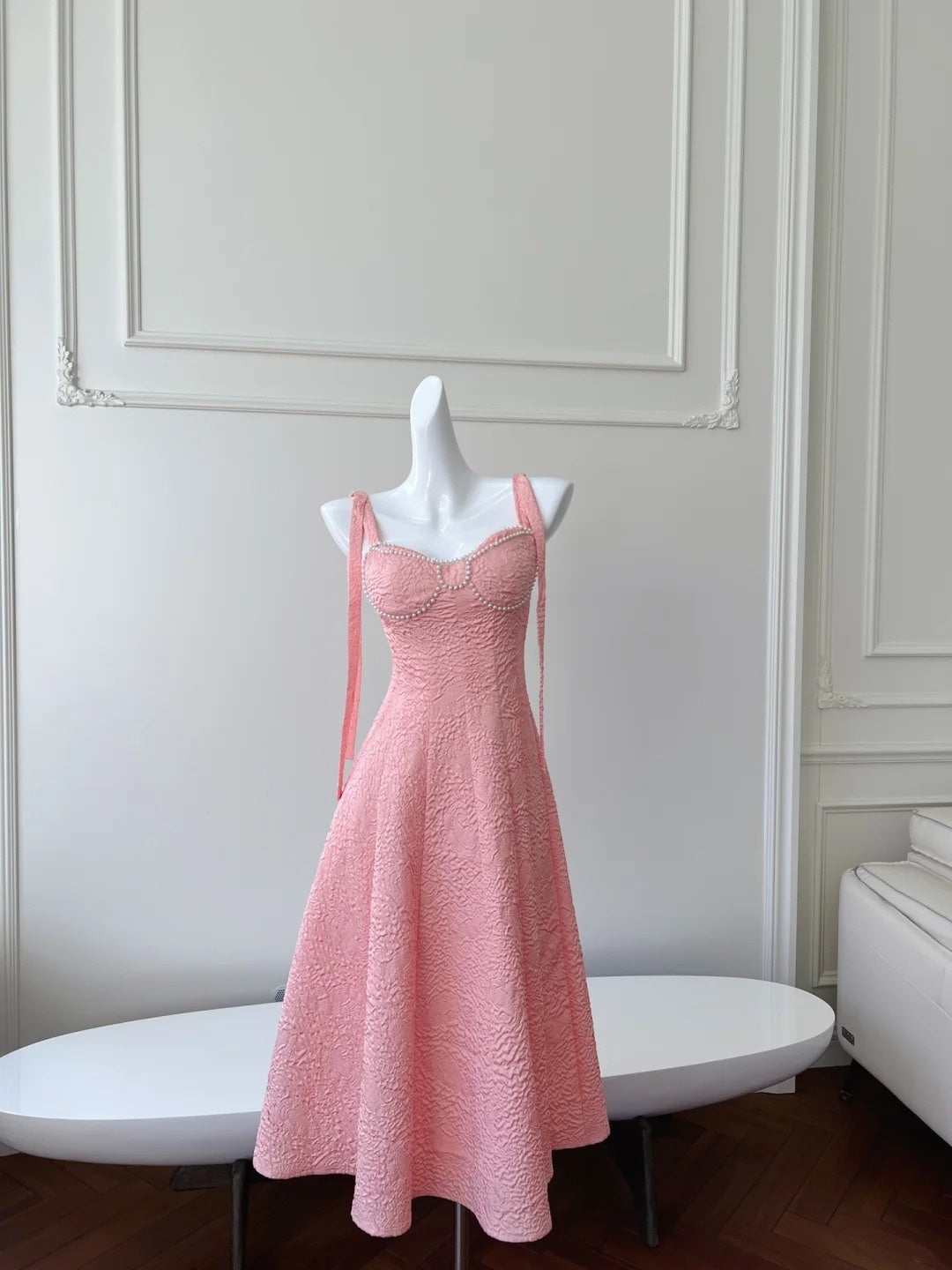 Sweet Spaghetti Straps Pink Prom Dress Beaded Textured A-Line Evening Dress GG6018