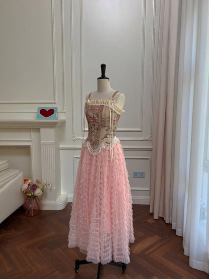 Romantic Spaghetti Straps Pink Prom Dress Floral Tassel Bodice A-Line Evening Dress GG6019