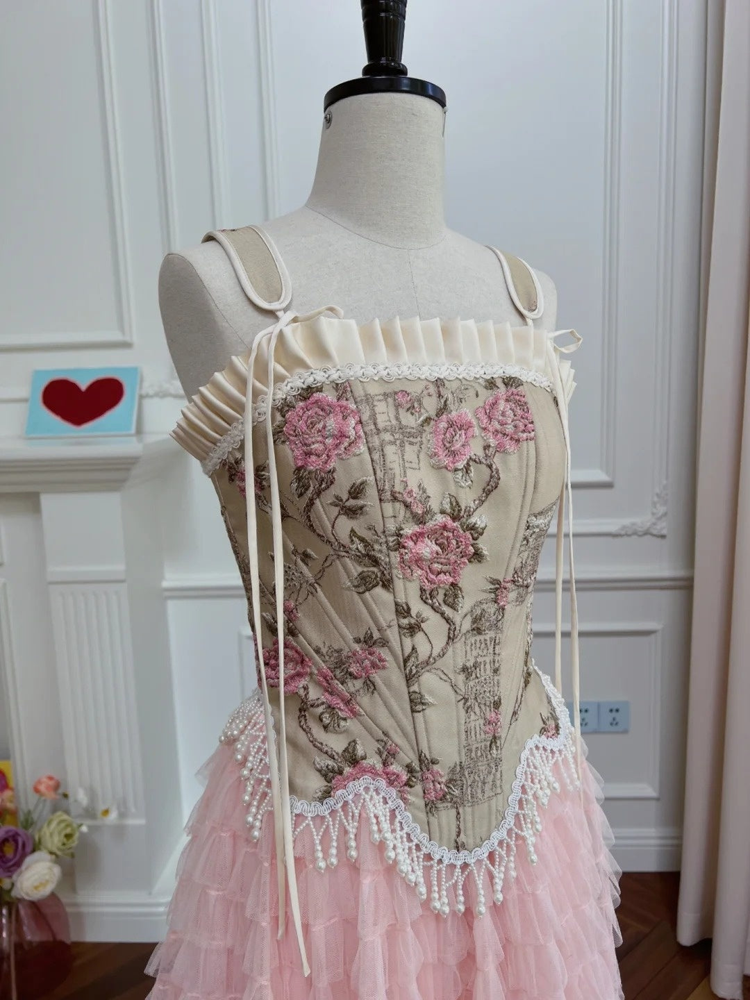 Romantic Spaghetti Straps Pink Prom Dress Floral Tassel Bodice A-Line Evening Dress GG6019