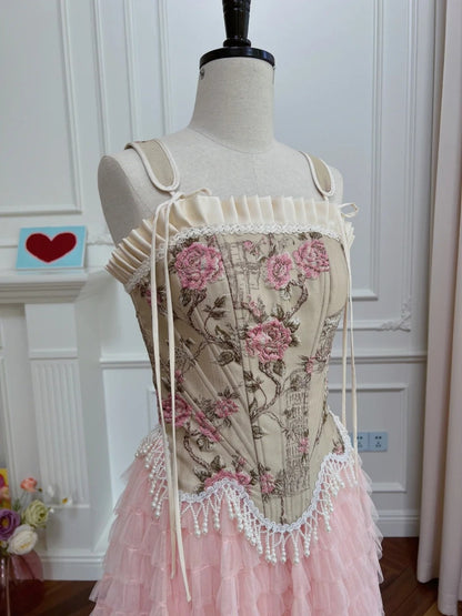 Romantic Spaghetti Straps Pink Prom Dress Floral Tassel Bodice A-Line Evening Dress GG6019