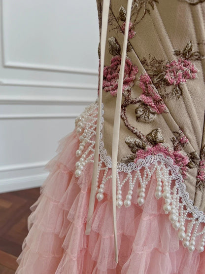 Romantic Spaghetti Straps Pink Prom Dress Floral Tassel Bodice A-Line Evening Dress GG6019