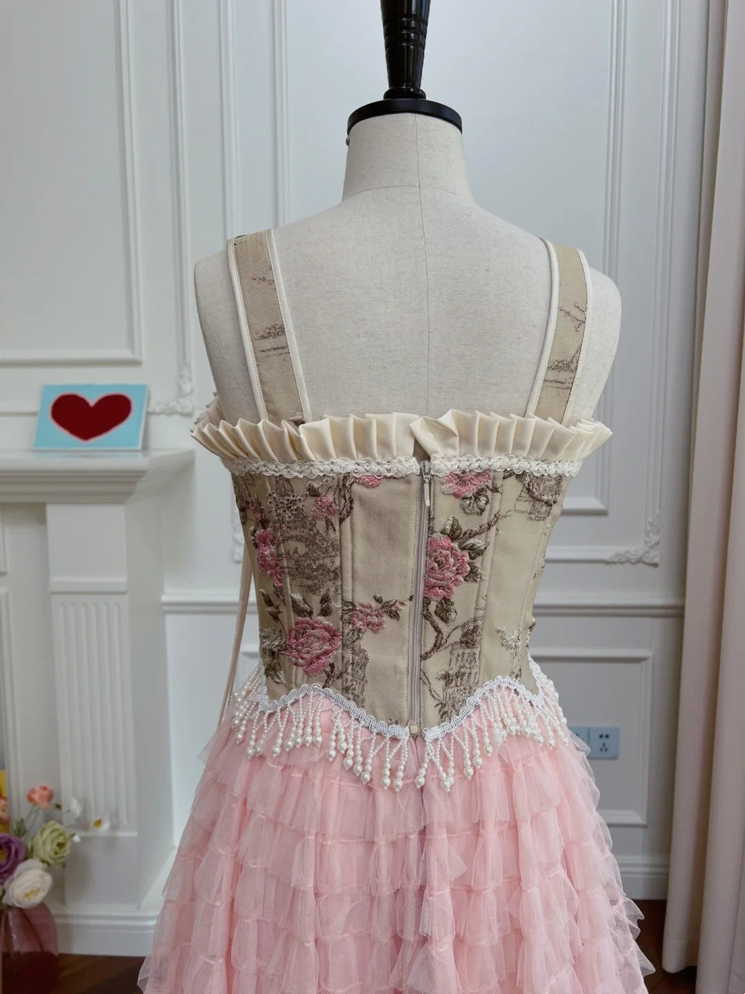 Romantic Spaghetti Straps Pink Prom Dress Floral Tassel Bodice A-Line Evening Dress GG6019