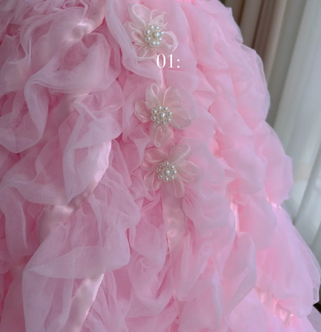 Cute Tiered Pink Prom Dress Tulle A-Line Evening Dress GG6021