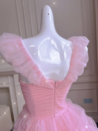 Cute Tiered Pink Prom Dress Tulle A-Line Evening Dress GG6021