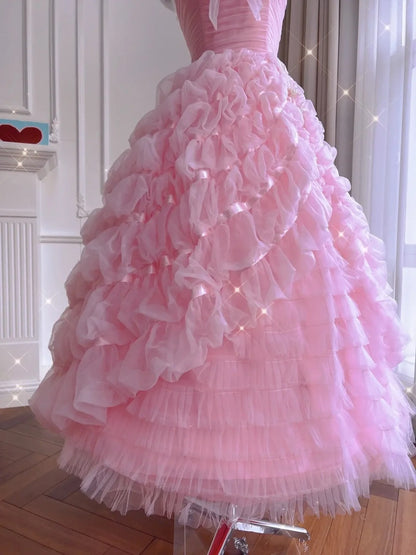 Cute Tiered Pink Prom Dress Tulle A-Line Evening Dress GG6021