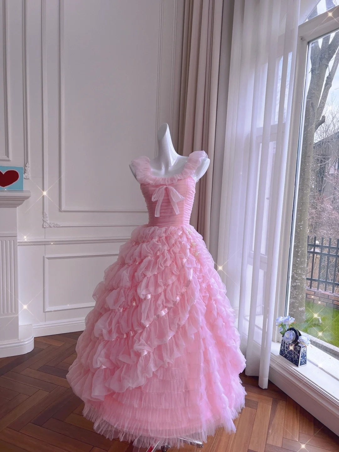 Cute Tiered Pink Prom Dress Tulle A-Line Evening Dress GG6021