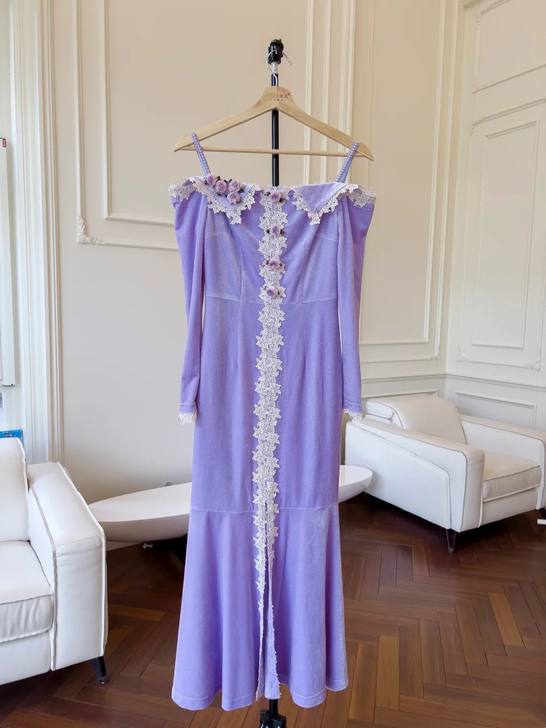 Charming Lace Purple Prom Dress Long Sleeve Appliques Mermaid Evening Dress GG6023