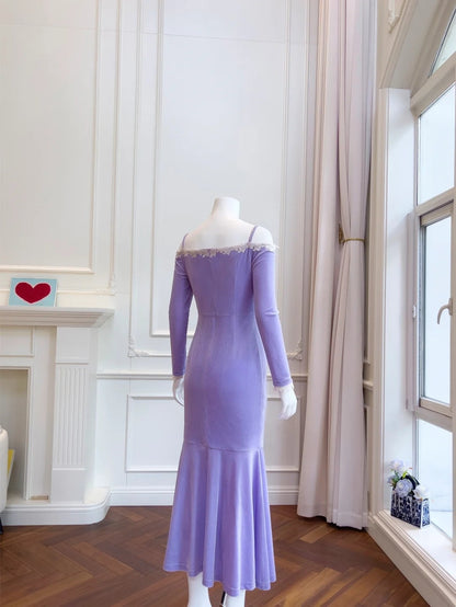 Charming Lace Purple Prom Dress Long Sleeve Appliques Mermaid Evening Dress GG6023