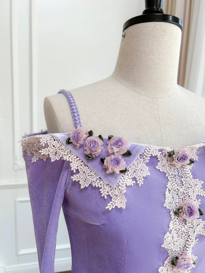 Charming Lace Purple Prom Dress Long Sleeve Appliques Mermaid Evening Dress GG6023