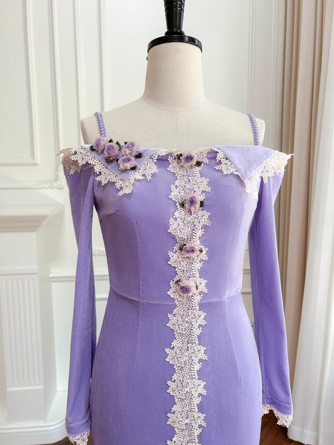 Charming Lace Purple Prom Dress Long Sleeve Appliques Mermaid Evening Dress GG6023
