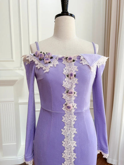 Charming Lace Purple Prom Dress Long Sleeve Appliques Mermaid Evening Dress GG6023