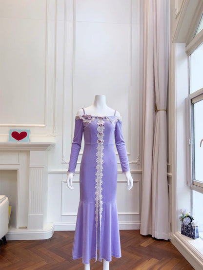 Charming Lace Purple Prom Dress Long Sleeve Appliques Mermaid Evening Dress GG6023