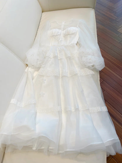 Graceful Jewel Neck White Prom Dress Appliques Long Sleeve A-Line Evening Dress GG6027
