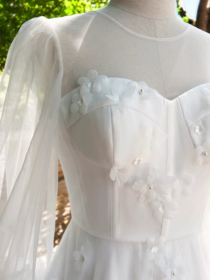 Graceful Jewel Neck White Prom Dress Appliques Long Sleeve A-Line Evening Dress GG6027