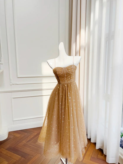 Glittering Spaghetti Straps Tulle Beige Prom Dress Sequins A-Line Evening Dress GG6030