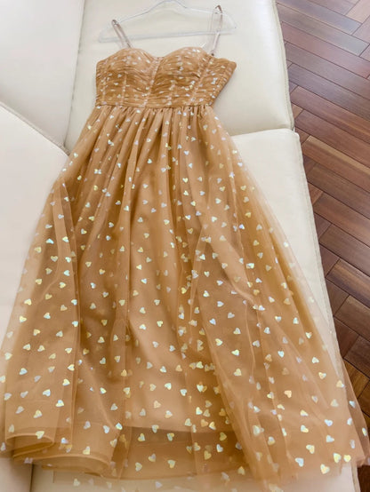 Glittering Spaghetti Straps Tulle Beige Prom Dress Sequins A-Line Evening Dress GG6030