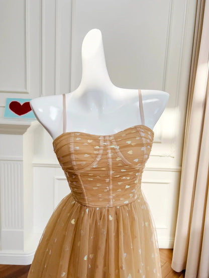 Glittering Spaghetti Straps Tulle Beige Prom Dress Sequins A-Line Evening Dress GG6030