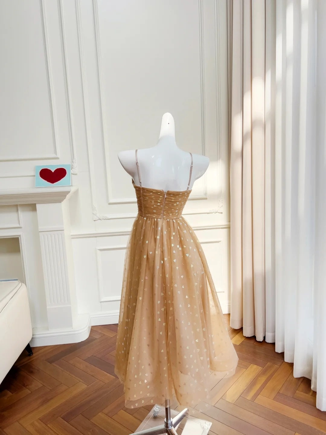 Glittering Spaghetti Straps Tulle Beige Prom Dress Sequins A-Line Evening Dress GG6030