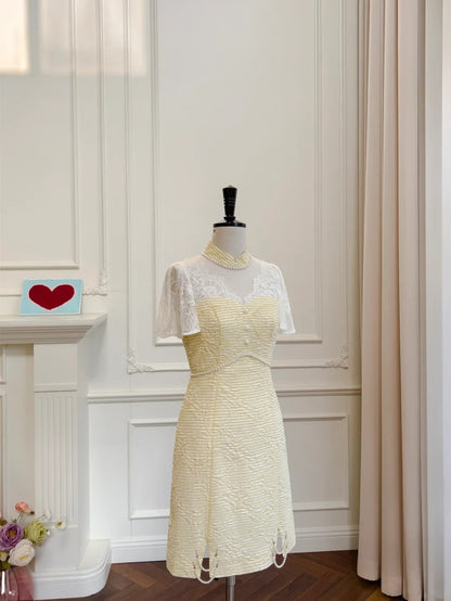 Charming Short Sleeve Yellow Homecoming Dress Lace Beading A-Line Birthday Dress GG6033