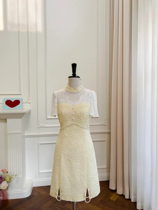 Charming Short Sleeve Yellow Homecoming Dress Lace Beading A-Line Birthday Dress GG6033