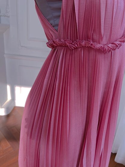 Chic Spaghetti Straps Pink Prom Dress Pleated A-Line Evening Dress GG6037