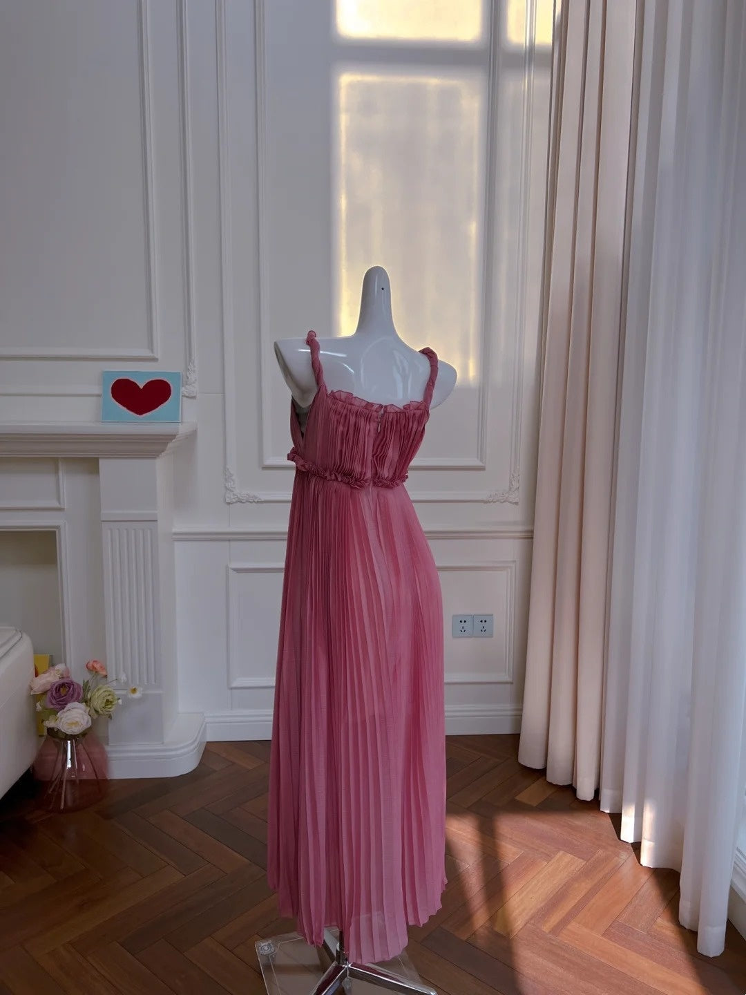 Chic Spaghetti Straps Pink Prom Dress Pleated A-Line Evening Dress GG6037